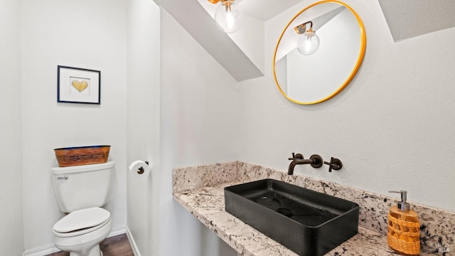 bathroom with wood finished floors, a sink, toilet, and baseboards