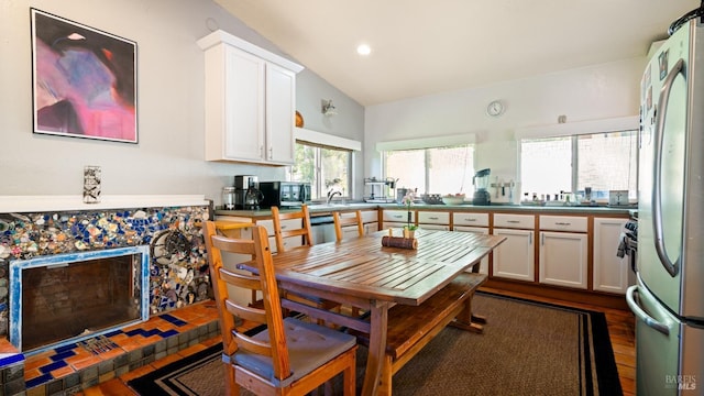 790 Tilton Rd, Sebastopol, CA 95472 - dining space with lofted ceiling, dark wood finished floors, and recessed lighting
