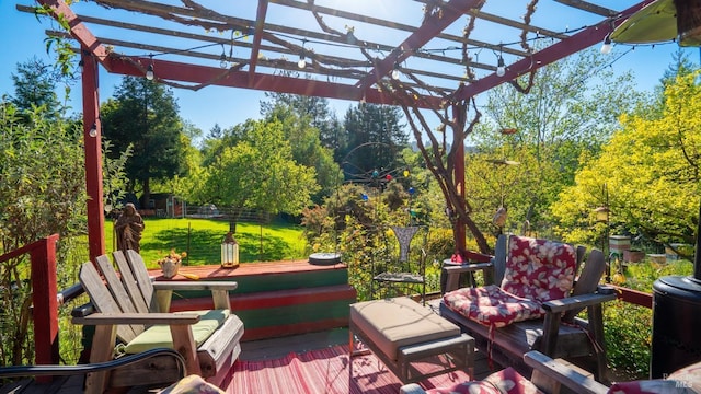 790 Tilton Rd, Sebastopol, CA 95472 - wooden deck featuring a pergola and a lawn