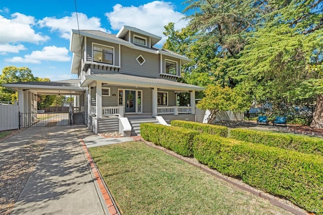 traditional style home with driveway, covered porch, fence, a front lawn, and a carport