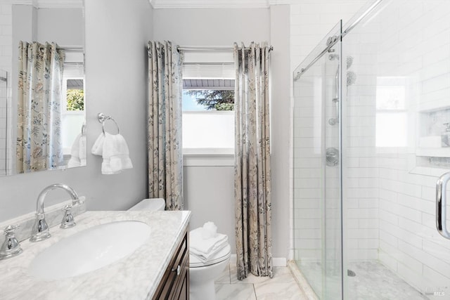 bathroom featuring vanity, plenty of natural light, a shower stall, and toilet