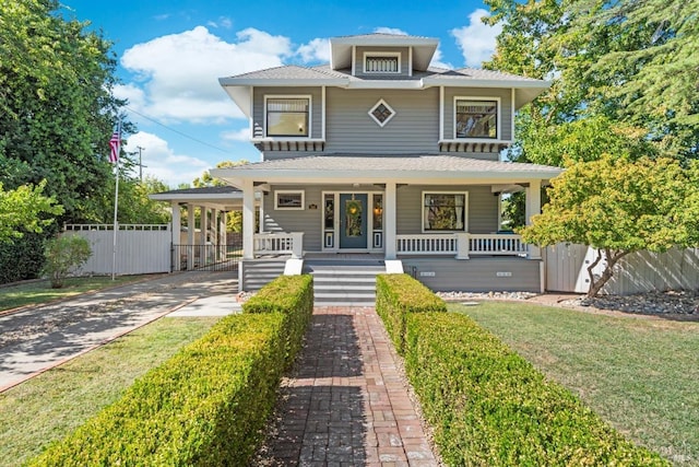 traditional style home with a porch, driveway, a carport, and fence