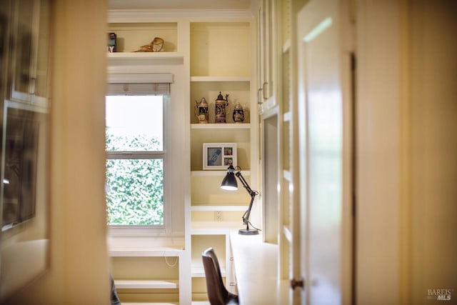 office area featuring built in desk and built in shelves