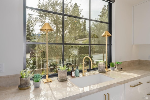 interior details with white cabinetry and a sink