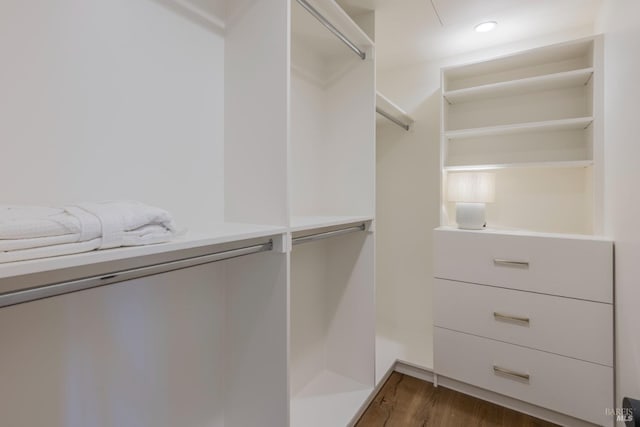 spacious closet with dark wood-style floors