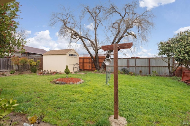 view of yard with a fenced backyard, a storage unit, and an outbuilding