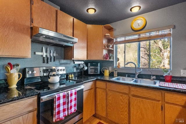 kitchen with under cabinet range hood, a sink, electric stove, brown cabinets, and open shelves