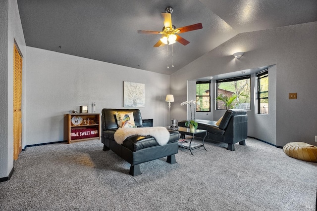 bedroom featuring a ceiling fan, carpet, vaulted ceiling, and baseboards