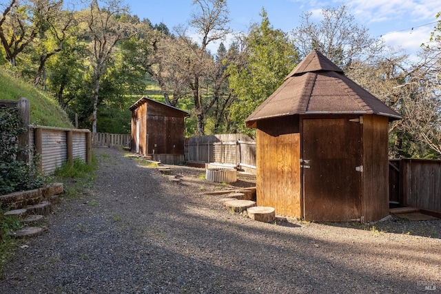 view of shed with a fenced backyard