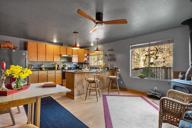 kitchen featuring under cabinet range hood, stainless steel range with electric stovetop, fridge, dark countertops, and a wood stove