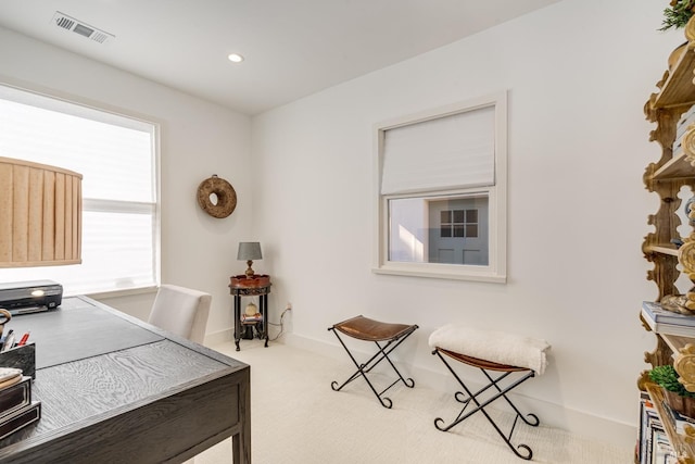 home office with carpet, visible vents, baseboards, and recessed lighting