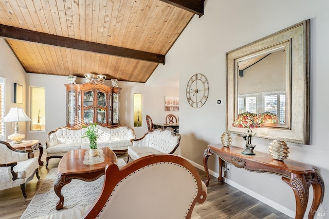 sitting room featuring lofted ceiling with beams, wooden ceiling, baseboards, and wood finished floors