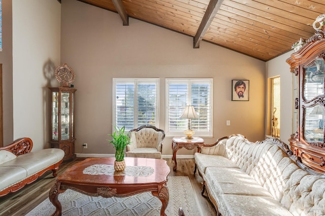 living area with wood ceiling, lofted ceiling with beams, baseboards, and wood finished floors