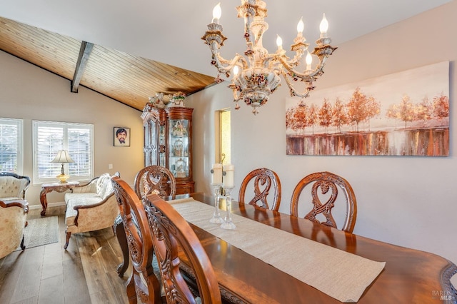 dining space featuring vaulted ceiling with beams, wooden ceiling, a notable chandelier, and wood finished floors