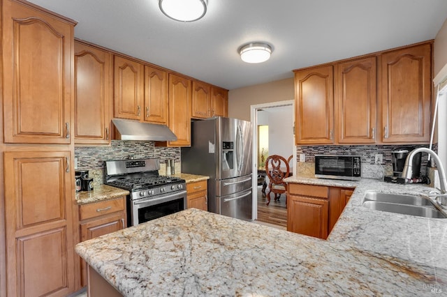 kitchen with stainless steel appliances, tasteful backsplash, a sink, and under cabinet range hood