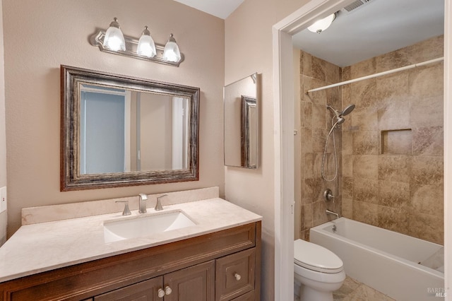 bathroom with shower / bathtub combination, visible vents, vanity, and toilet