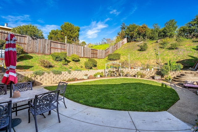 view of yard with outdoor dining area, a patio area, and a fenced backyard