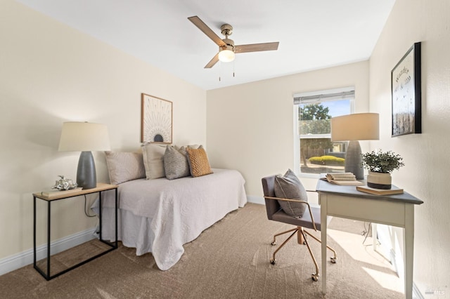 bedroom featuring carpet floors, baseboards, and a ceiling fan