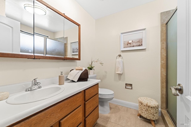 full bath featuring tile patterned flooring, toilet, vanity, baseboards, and an enclosed shower