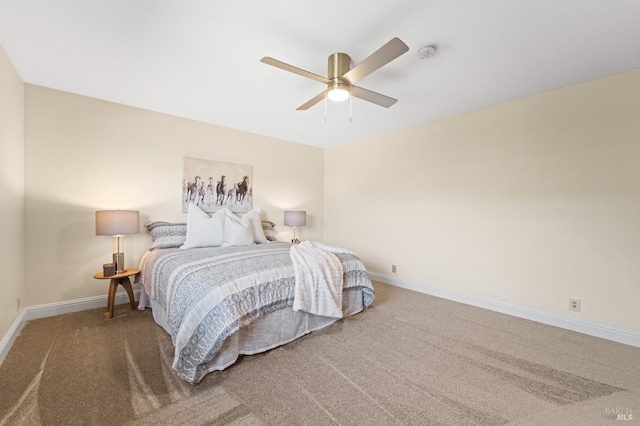 bedroom featuring carpet flooring, a ceiling fan, and baseboards