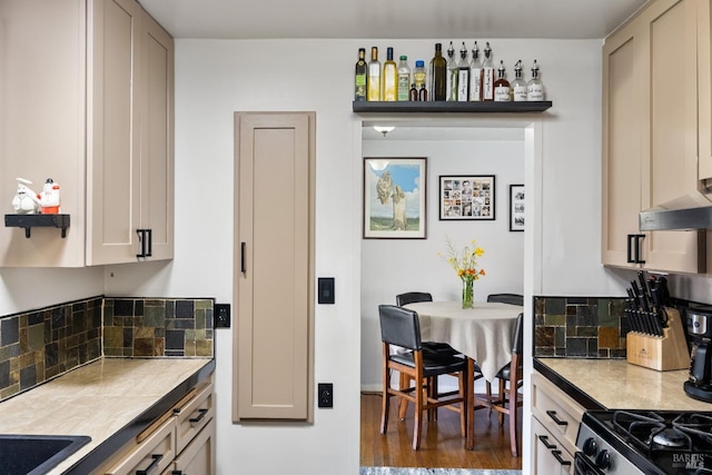 kitchen with decorative backsplash, light countertops, wood finished floors, under cabinet range hood, and a sink