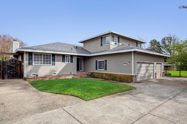 view of front of house featuring a garage, fence, concrete driveway, roof with shingles, and a front yard