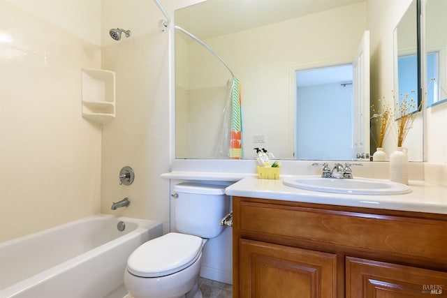 full bath featuring toilet, vanity, and bathing tub / shower combination