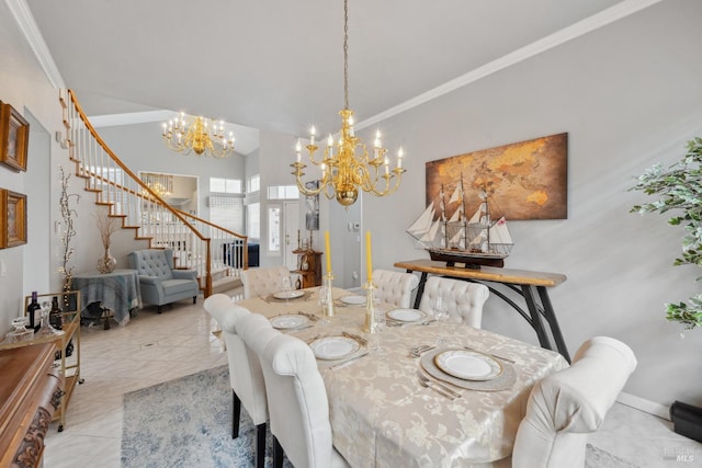 dining room featuring ornamental molding, a chandelier, stairway, and baseboards