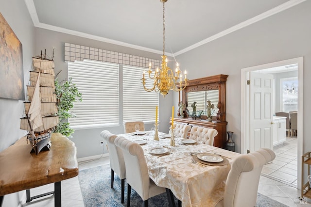 dining space with a chandelier, light tile patterned flooring, baseboards, and crown molding