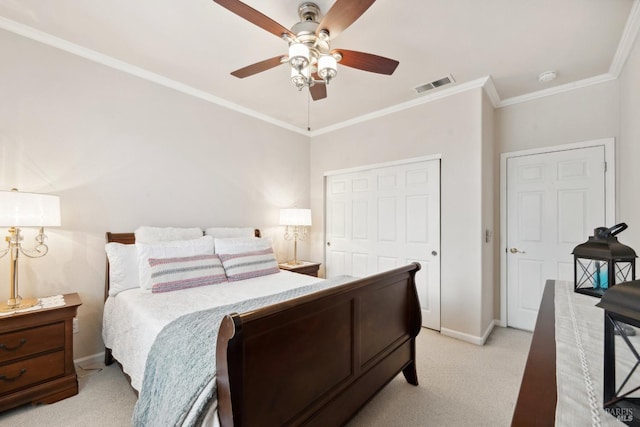 bedroom featuring baseboards, visible vents, light colored carpet, crown molding, and a closet