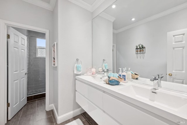 full bath with ornamental molding, tiled shower, a sink, and double vanity