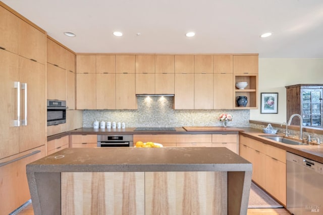 7 Highland Ave, San Rafael, CA 94901 - kitchen with a sink, stainless steel appliances, light brown cabinetry, and tasteful backsplash