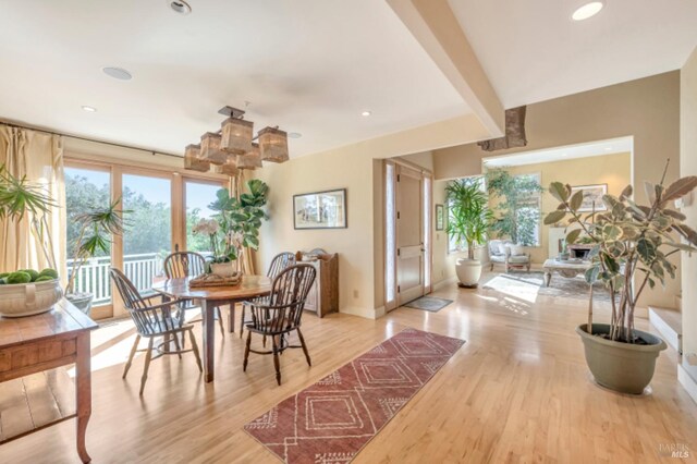 7 Highland Ave, San Rafael, CA 94901 - dining room featuring baseboards, light wood-style flooring, recessed lighting, and beam ceiling