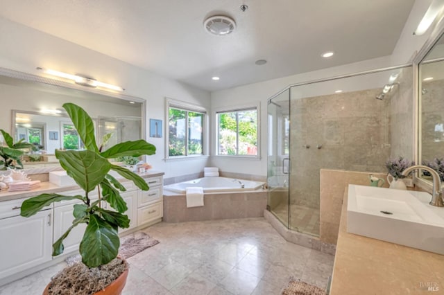 7 Highland Ave, San Rafael, CA 94901 - bathroom featuring recessed lighting, two vanities, a sink, a stall shower, and a garden tub