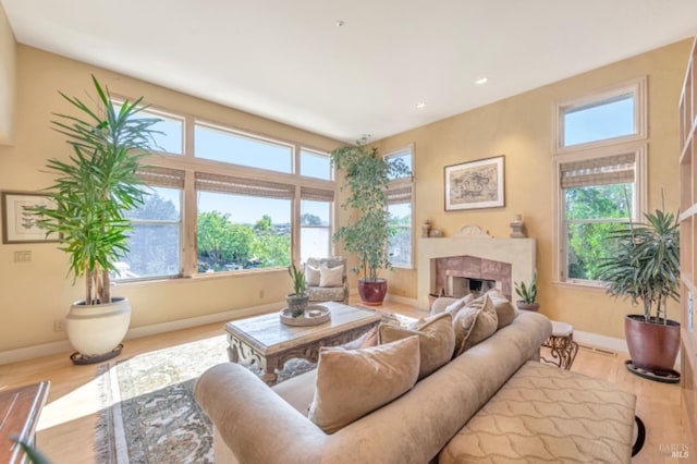 7 Highland Ave, San Rafael, CA 94901 - living room featuring baseboards, a fireplace, wood finished floors, and recessed lighting