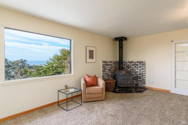 living area with carpet, a wood stove, and baseboards