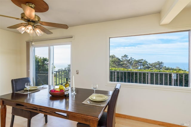 dining area featuring light wood-style floors, ceiling fan, and baseboards