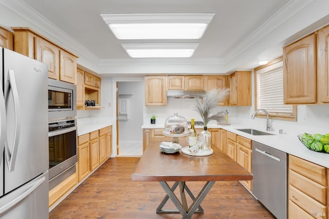 kitchen with a sink, stainless steel appliances, light countertops, and light brown cabinetry