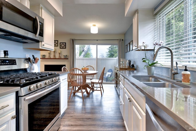 kitchen with white cabinets, dark wood-style floors, stainless steel appliances, light countertops, and a sink