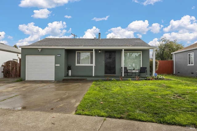 view of front of home with stucco siding, a porch, a garage, driveway, and a front lawn