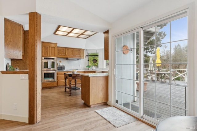 doorway to outside featuring vaulted ceiling and light wood-style floors