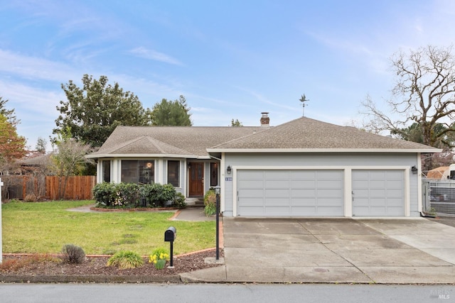 single story home featuring roof with shingles, concrete driveway, fence, a garage, and a front lawn