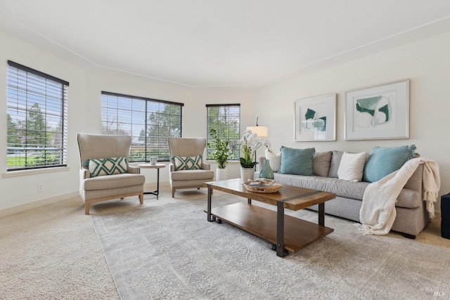 living room featuring baseboards and light colored carpet