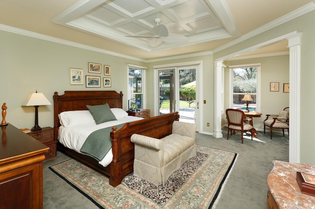 bedroom with light colored carpet, coffered ceiling, access to exterior, ornamental molding, and decorative columns