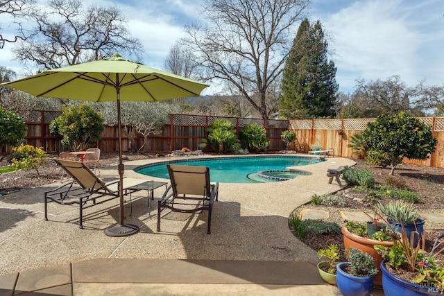 view of pool featuring a patio area, a fenced backyard, a pool with connected hot tub, and a diving board