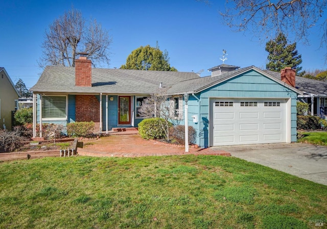 single story home with roof with shingles, a chimney, a garage, driveway, and a front lawn