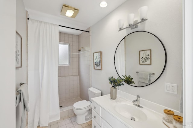 full bathroom with toilet, a stall shower, tile patterned floors, and vanity