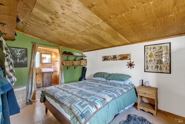 bedroom featuring wooden ceiling and vaulted ceiling