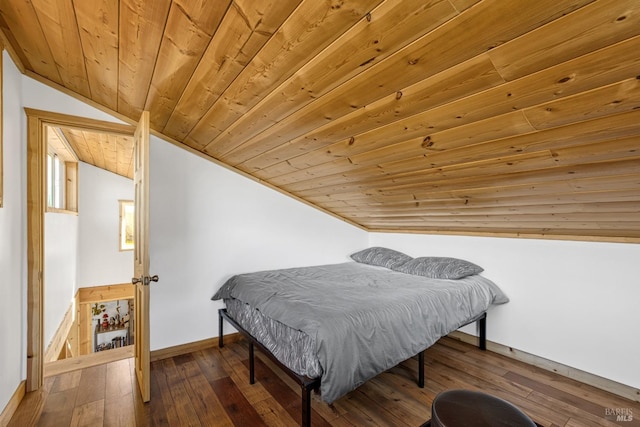 bedroom with lofted ceiling, wood-type flooring, wood ceiling, and baseboards