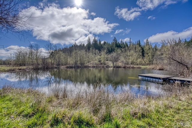 view of dock featuring a forest view and a water view